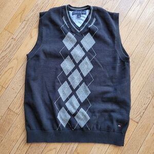 Tommy Hilfiger Argyle Sweater Vest V Neck Black Gray Size M